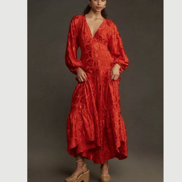 Farm Rio Anthropologie Long-Sleeve V-Neck Jacquard Maxi Dress Red S NWT